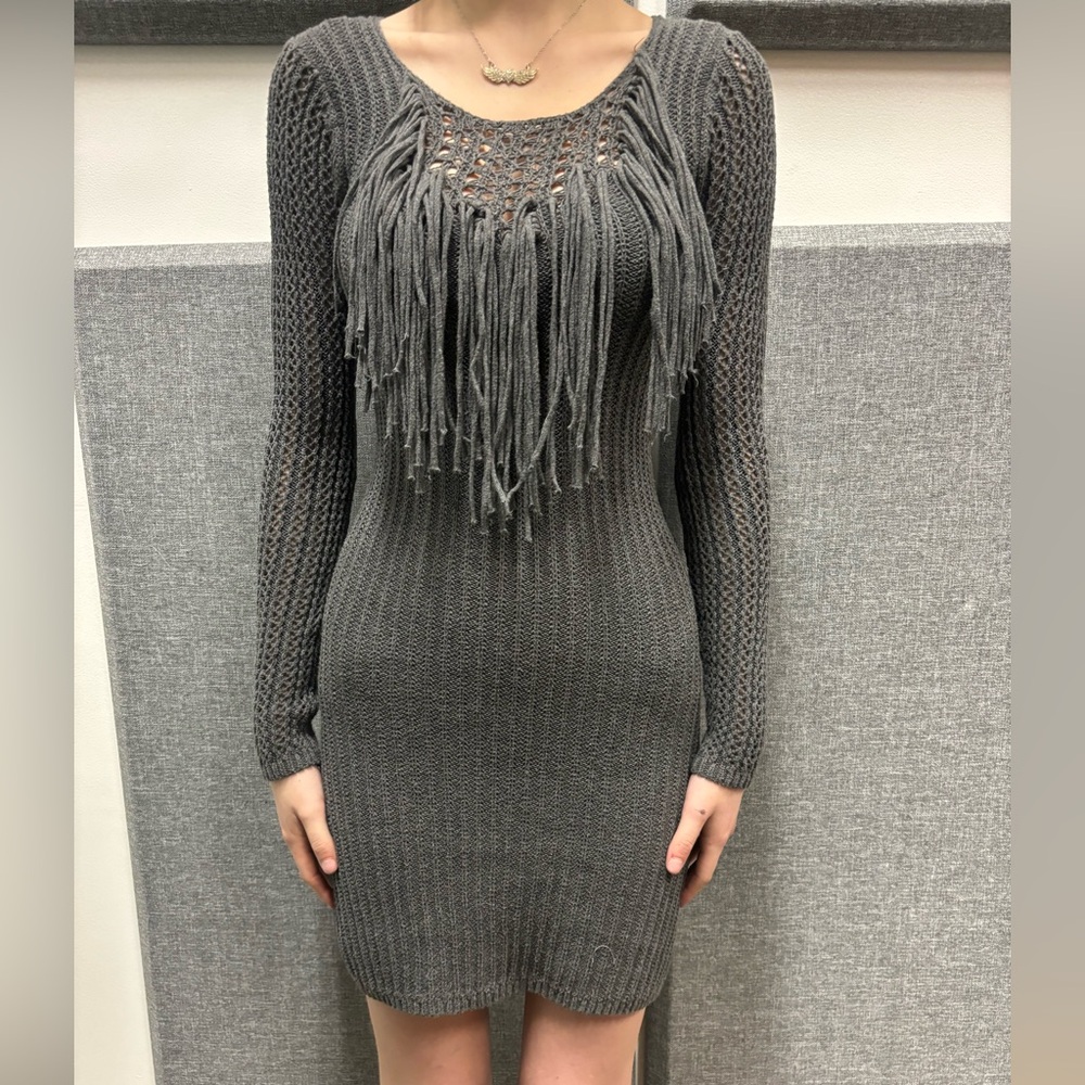 Gray Knit Fringe Dress